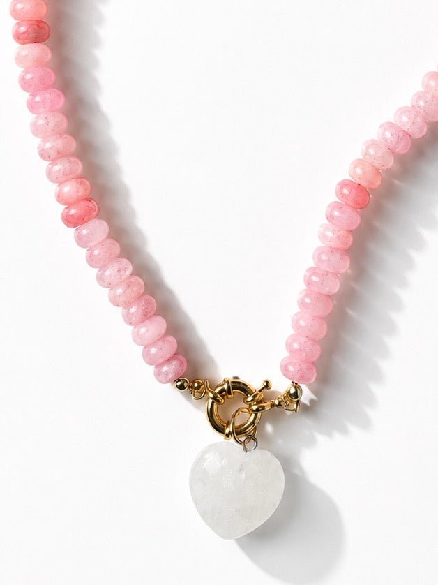 Pink Natural Stone Beaded Necklace with Heart Charm - Freckled Poppy