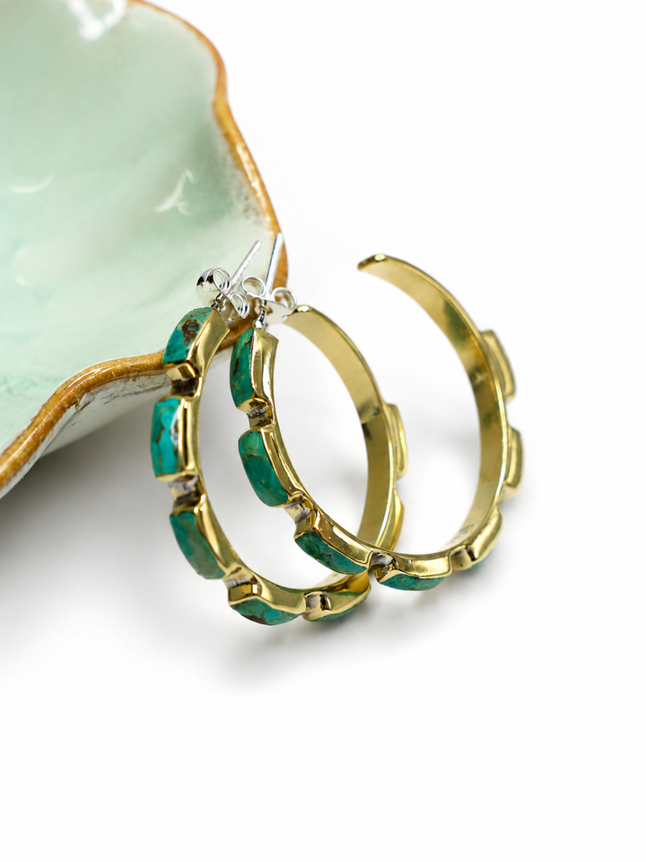 BOHO SOL Brass And Turquoise Chicklet Hoop