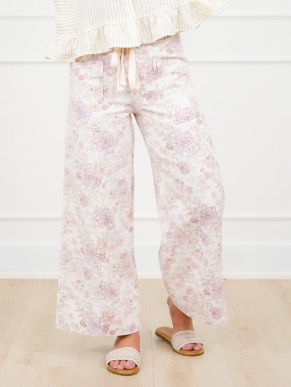 Floral Print Elastic Waist Twill Wide Leg Pants