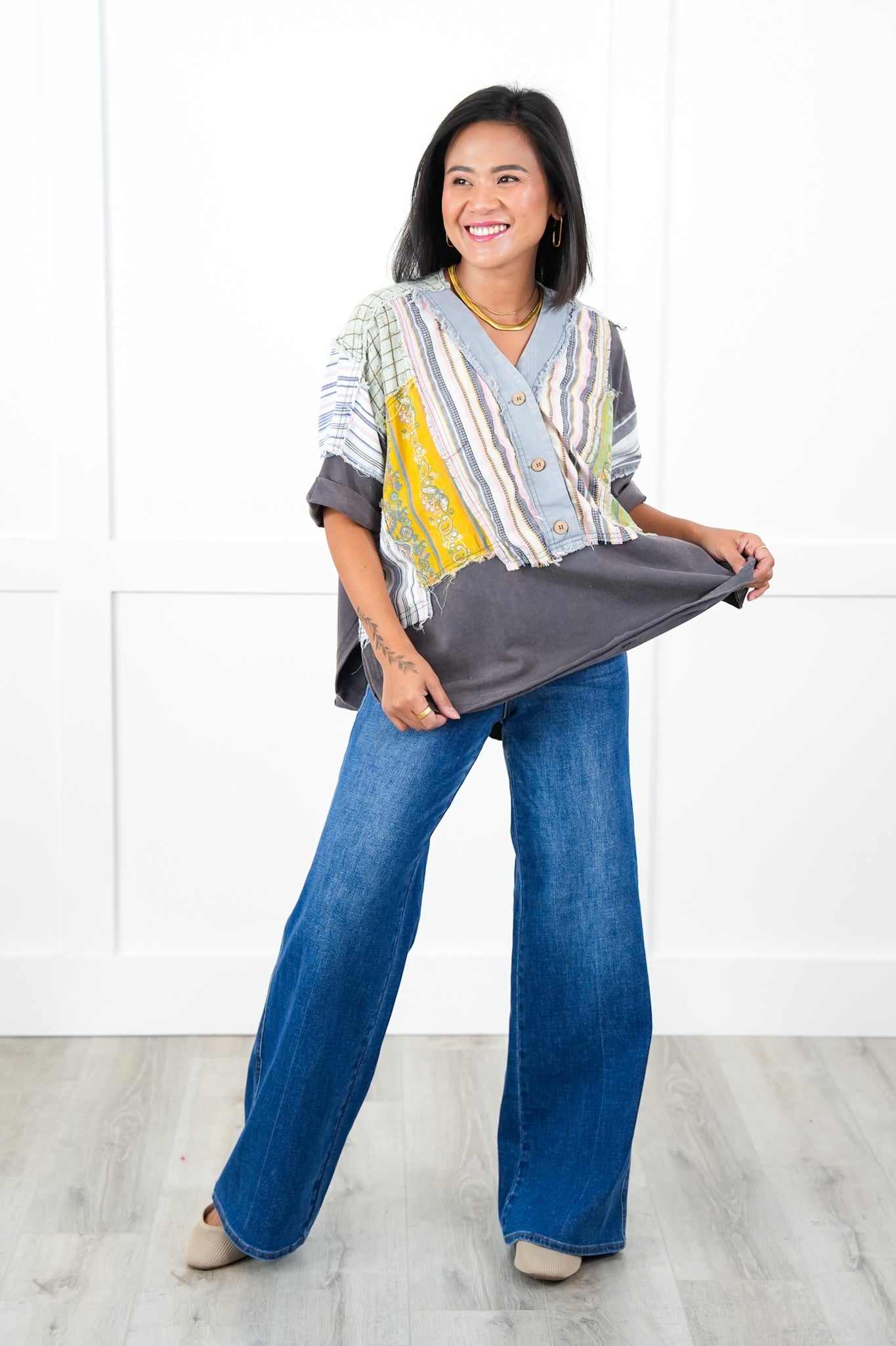 Color Block Short Sleeve Button Up Top with Print Contrast Detail