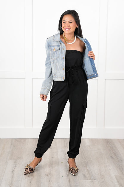Solid Strapless Cargo Jogger Jumpsuit