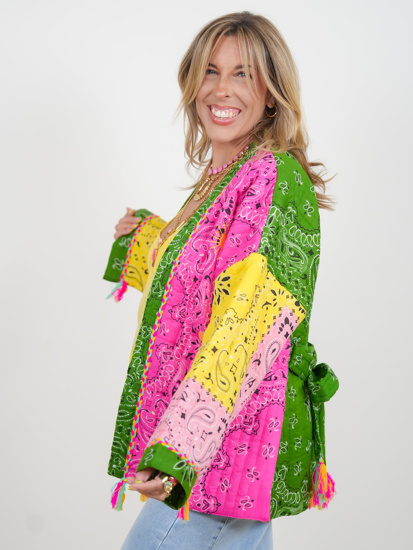 POL Quilted Patchwork Print Long Sleeve Kimono Jacket