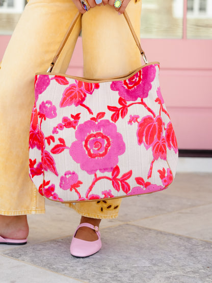 Coral/Pink Chenille Rose Tote Bag
