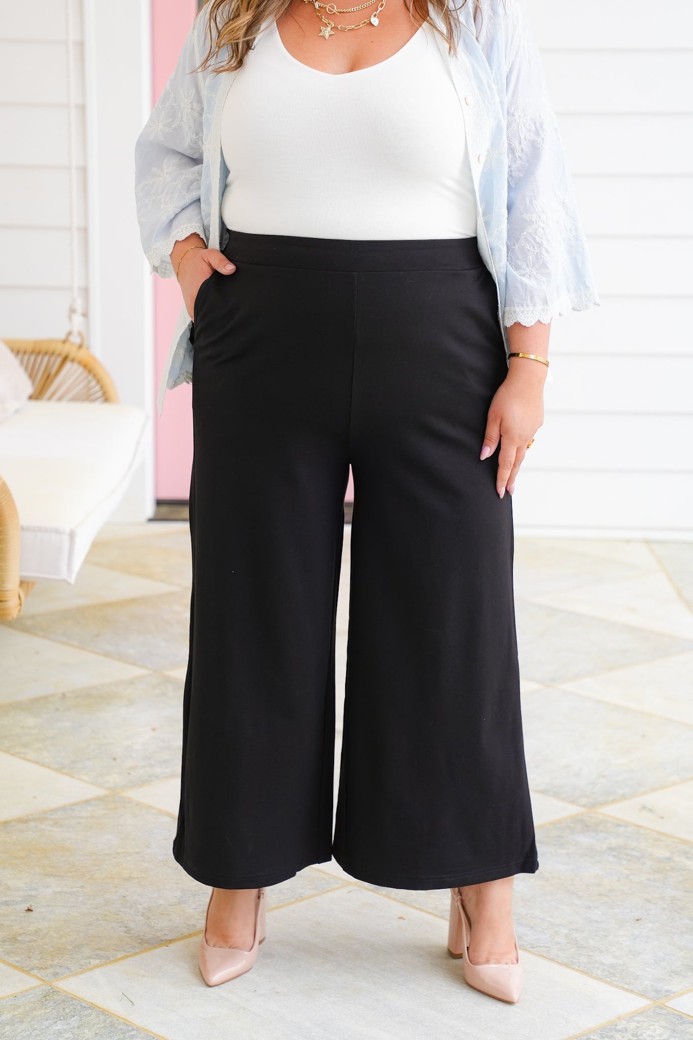 Plus/Reg Black Elastic High Waist Knit Cropped Pants