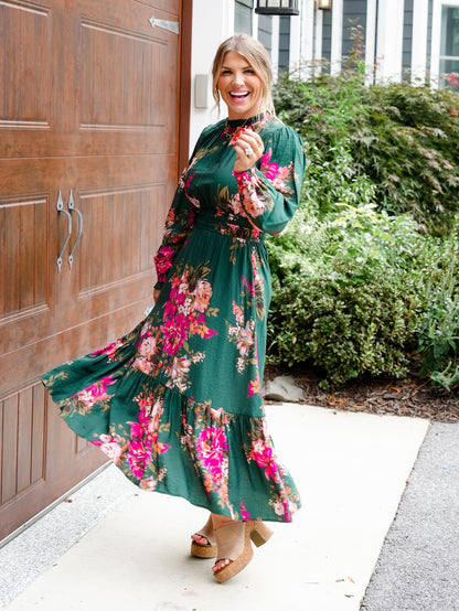 Plus/Reg Floral Print Long Sleeve Elastic Waist Midi Dress