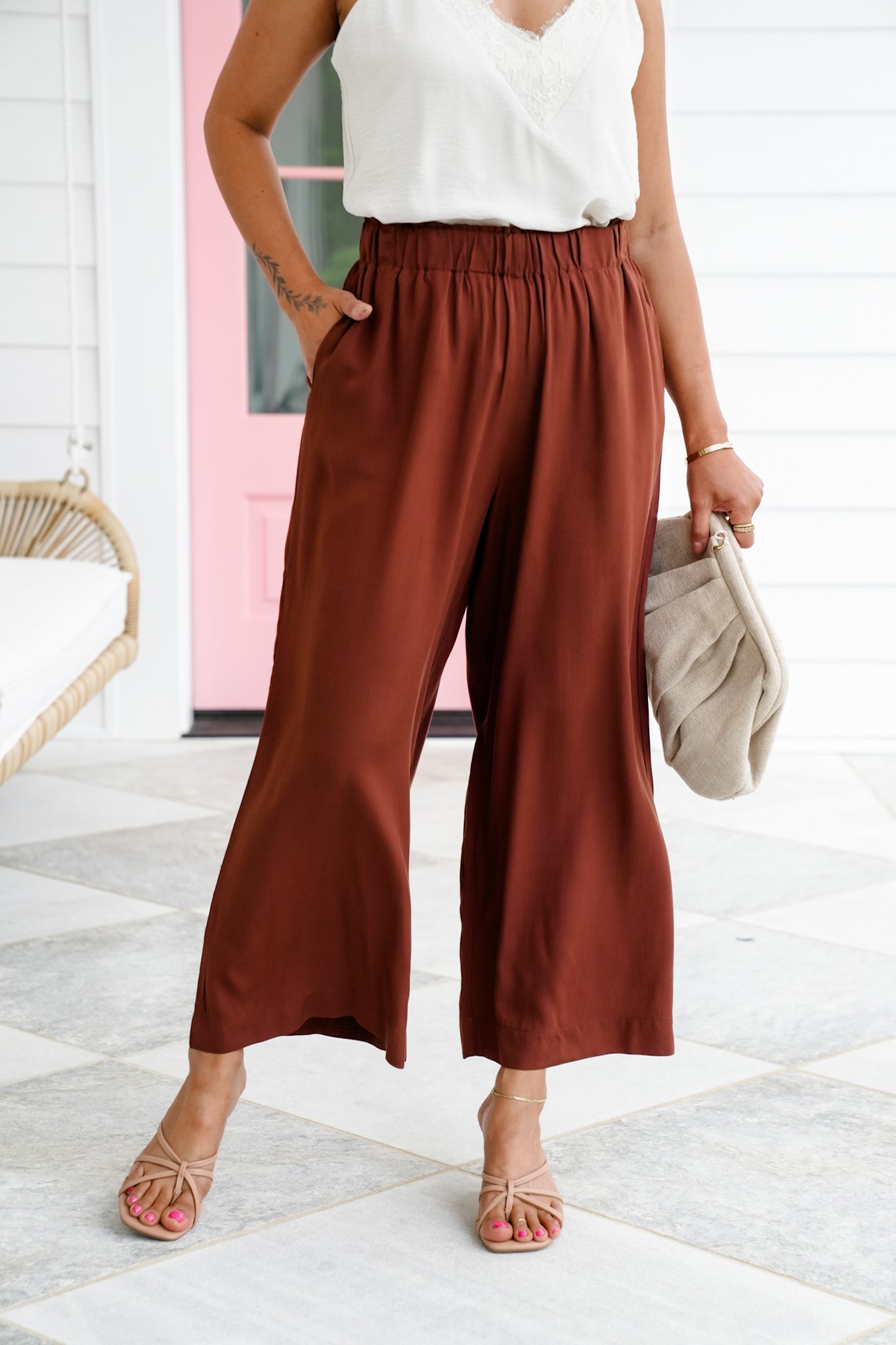 Solid Woven Elastic High Waist Wide Leg Pants