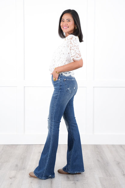 Judy Blue High Rise Dark Wash with Contrast Distressed Flare Jeans