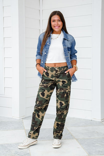 Risen High Rise Camo Ankle Barrel Pants with Double Cuff