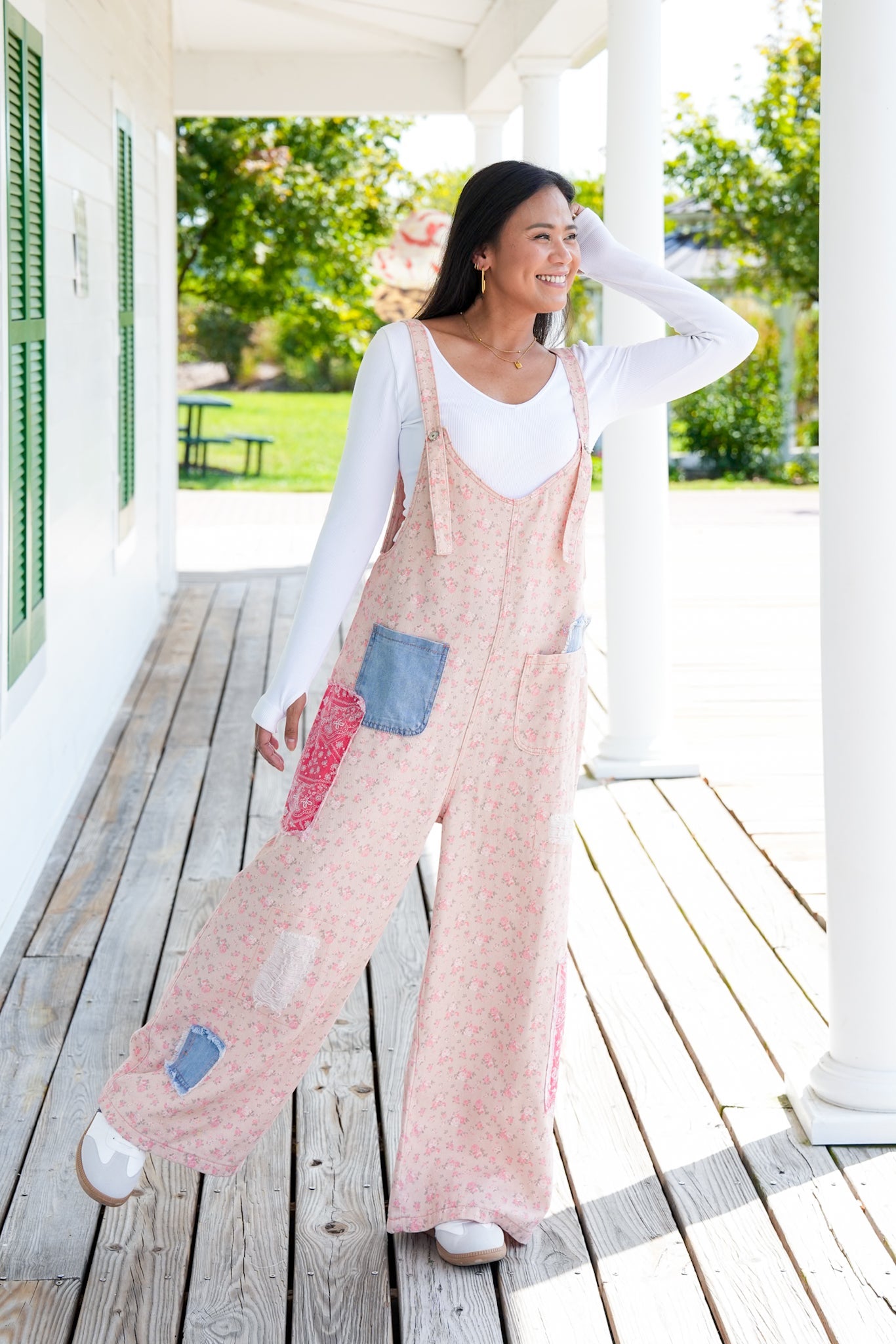 POL Floral Sleeveless V-Neck Denim Overalls With Patch Detail