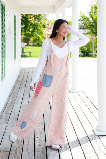 POL Floral Sleeveless V-Neck Denim Overalls With Patch Detail