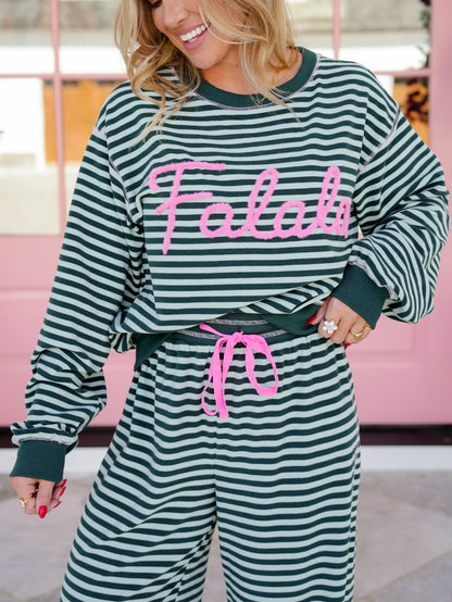 Long Sleeve Fuzzy "Falala" Brushed Striped Sweatshirt and Pants Set