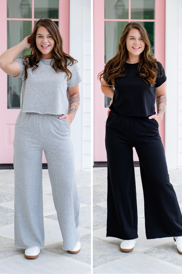 Short Sleeve Crop Top and Wide Leg Pants Set