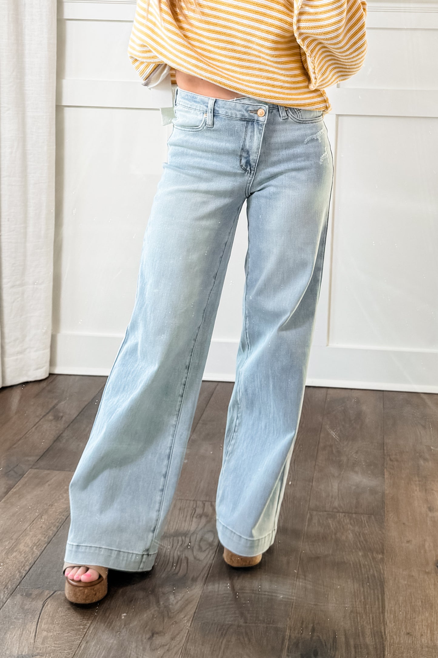 Judy Blue High Rise Light Wash Distressed Criss Cross Waistband Retro Wide Leg Jeans