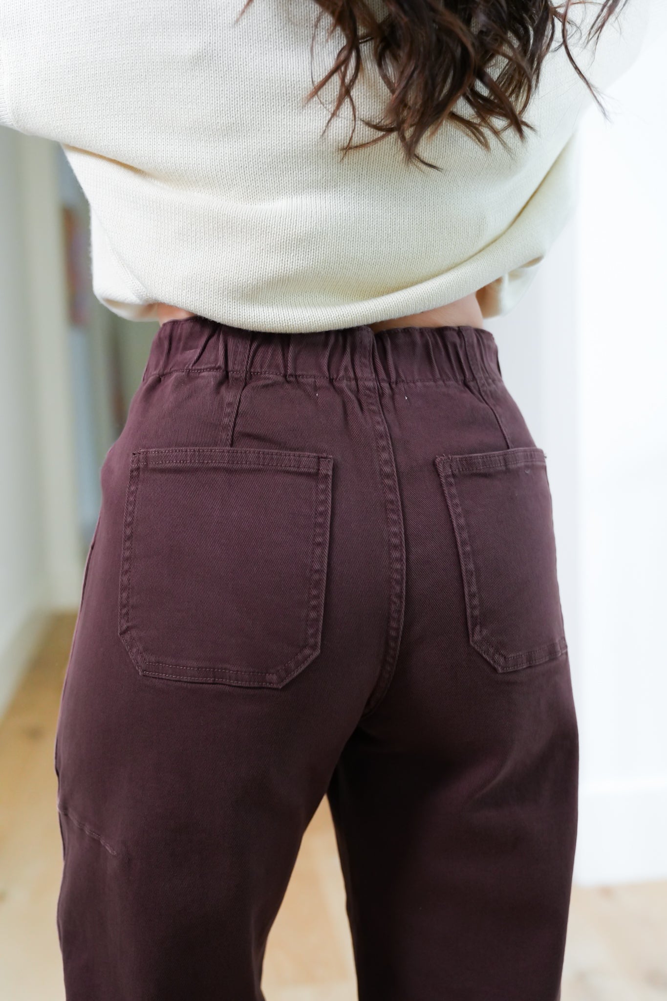 Risen High Rise Brown Wide Leg Barrel Cargo Jeans with Cuff