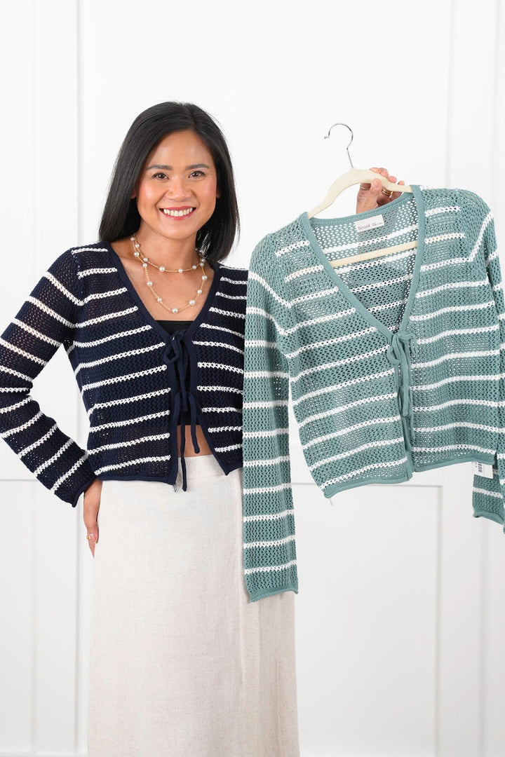 Striped Crochet Long Sleeve Cardigan with Front Tie Detail