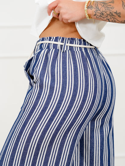 Stripe Linen Elastic Waist Wide Leg Pants