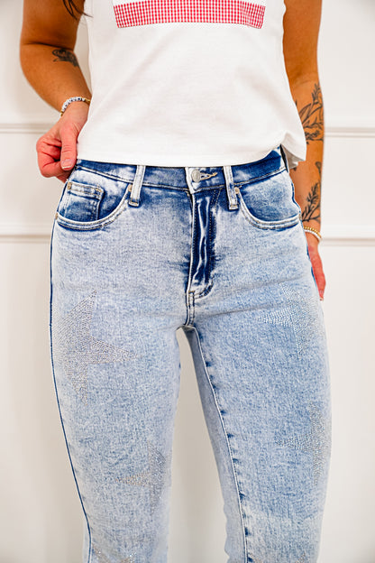 Saige Mid Rise Light Wash Tummy Control Star Flare Jeans