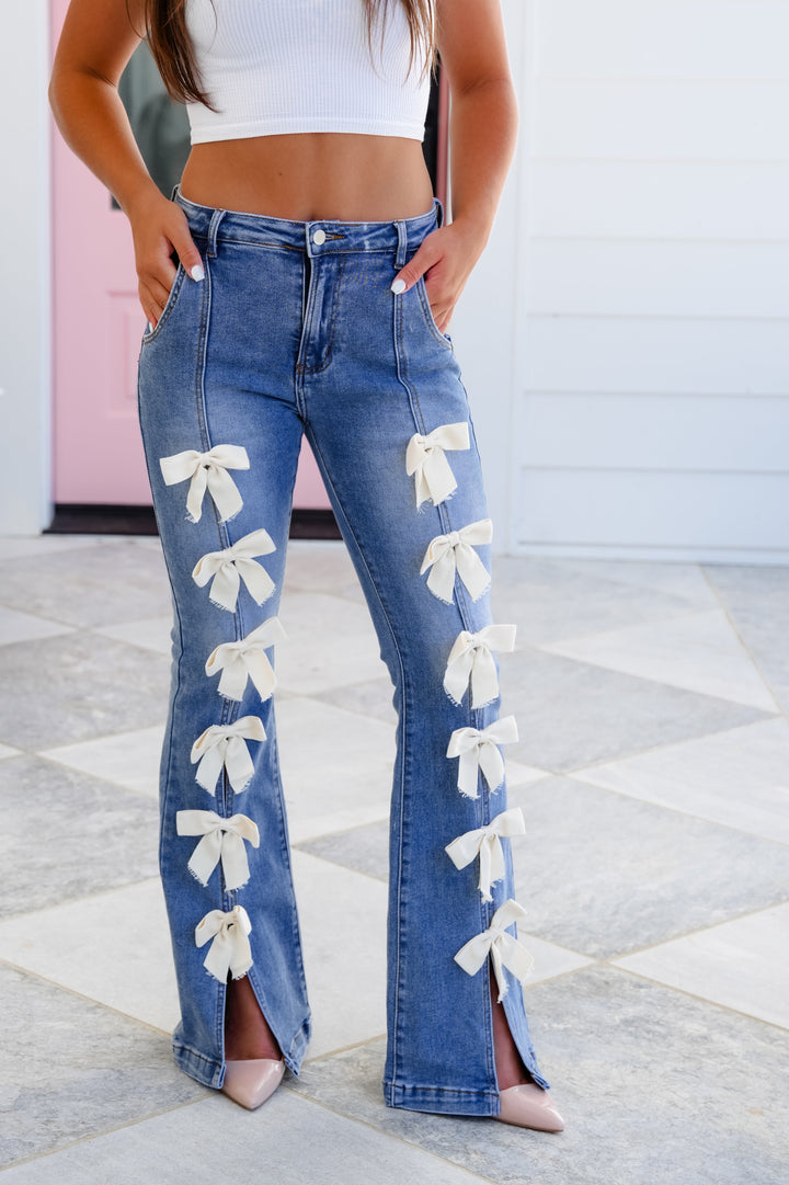 Restock! Denim High Waist Flare Leg Jeans with Bow Detail