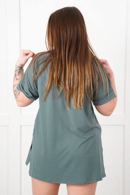 Door Buster! Zenana Rolled Short Sleeve V-Neck Top with Side Slit High-Low Hem