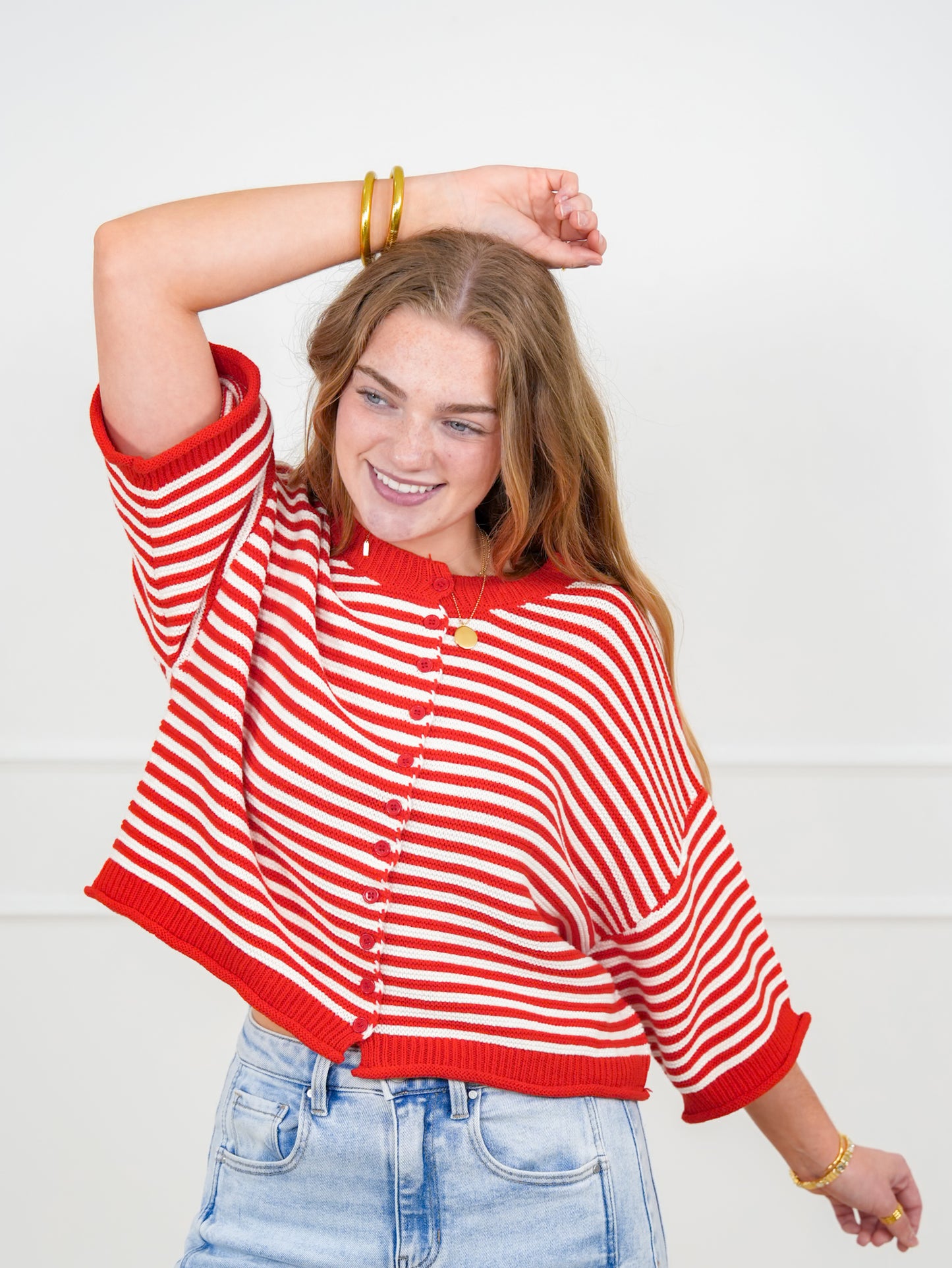 Red Stripe 3/4 Sleeve Button Down Cardigan