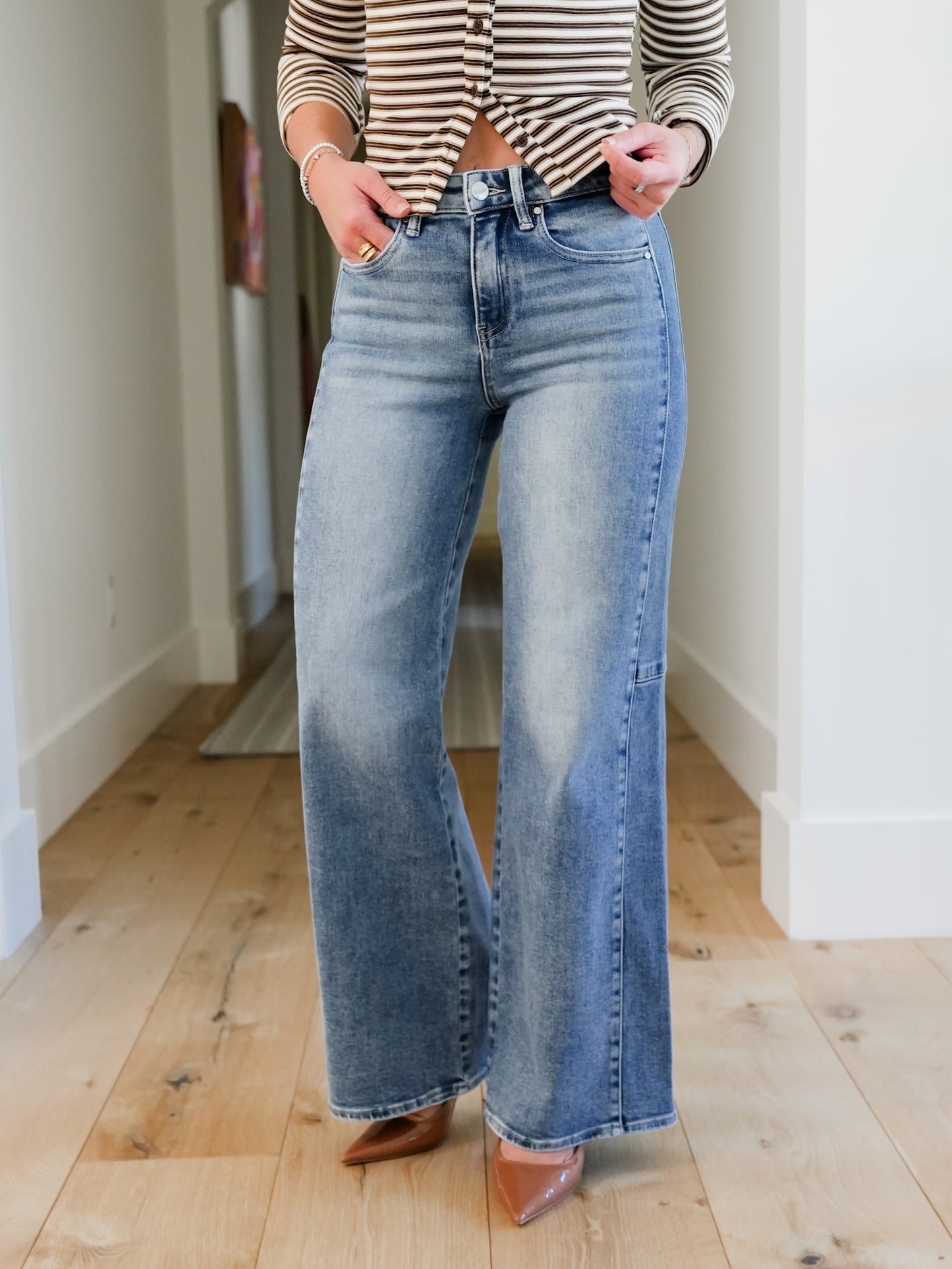 Risen High Rise Medium Wash Wide Leg Jeans With Contrast Side Panel
