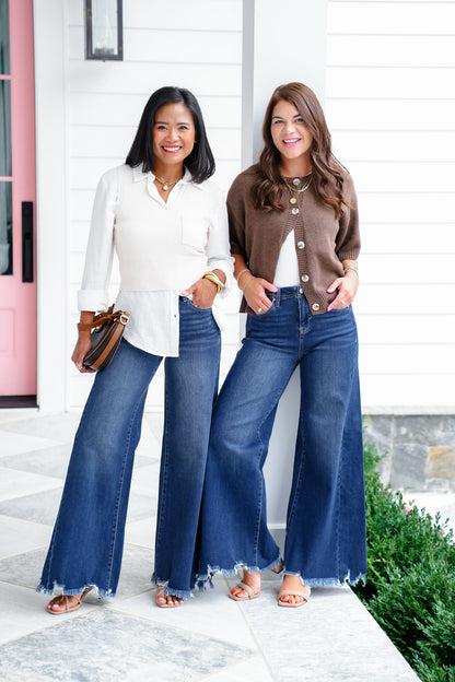 Risen High Rise Dark Wash Wide Leg Jeans