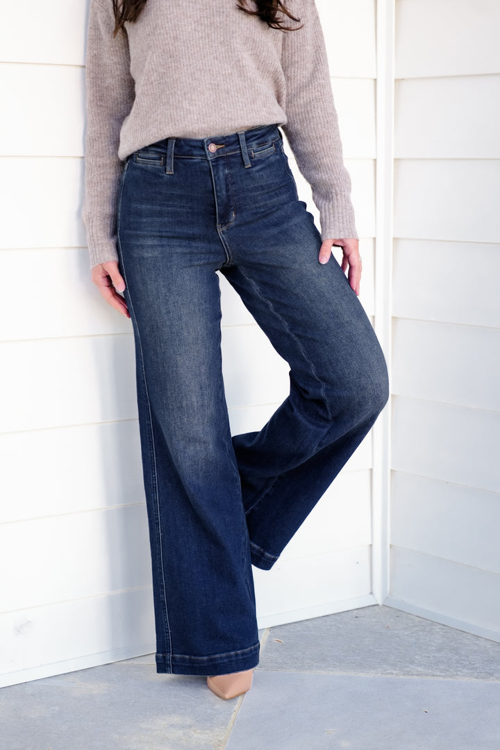 Judy Blue High Rise Dark Wash Tummy Control Retro Wide Leg Jeans with Welt Pockets