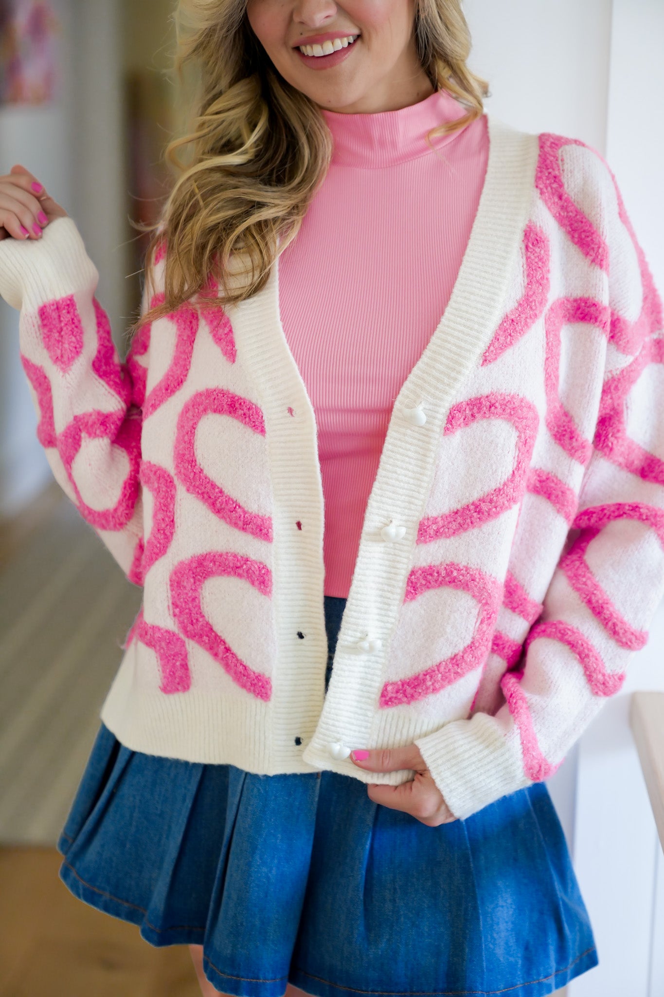 Plus/Reg Textured Heart Long Sleeve Button Down Cardigan