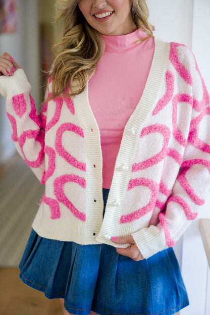 Plus/Reg Textured Heart Long Sleeve Button Down Cardigan
