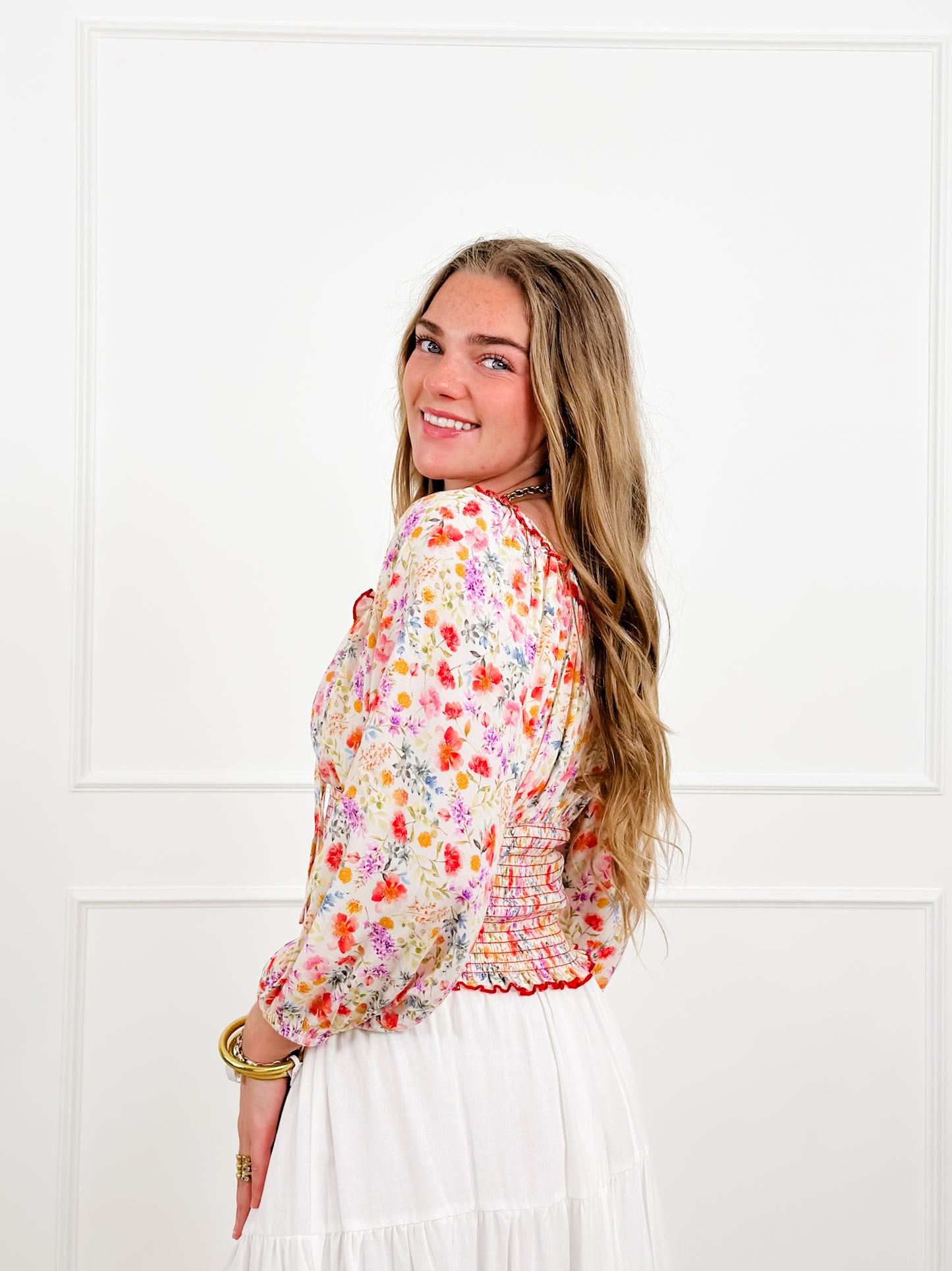 Plus/Reg Smocked Floral Print Square Neck Top