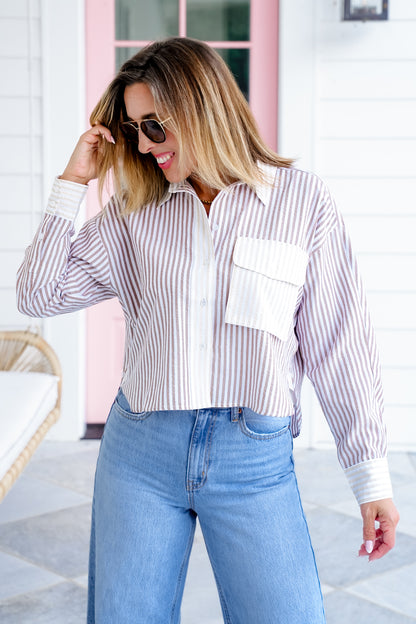 Stripe Color Block Long Sleeve Button Down Top