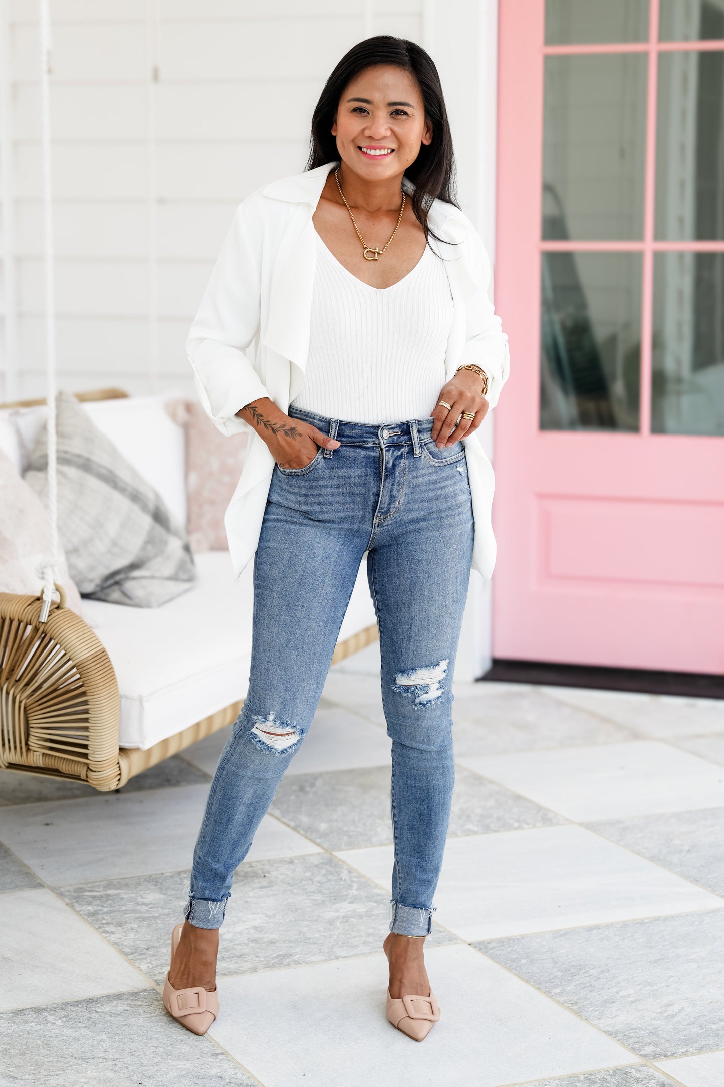 Judy Blue Easy Street Mid Rise Medium Wash Distressed Cuffed Skinny Jeans