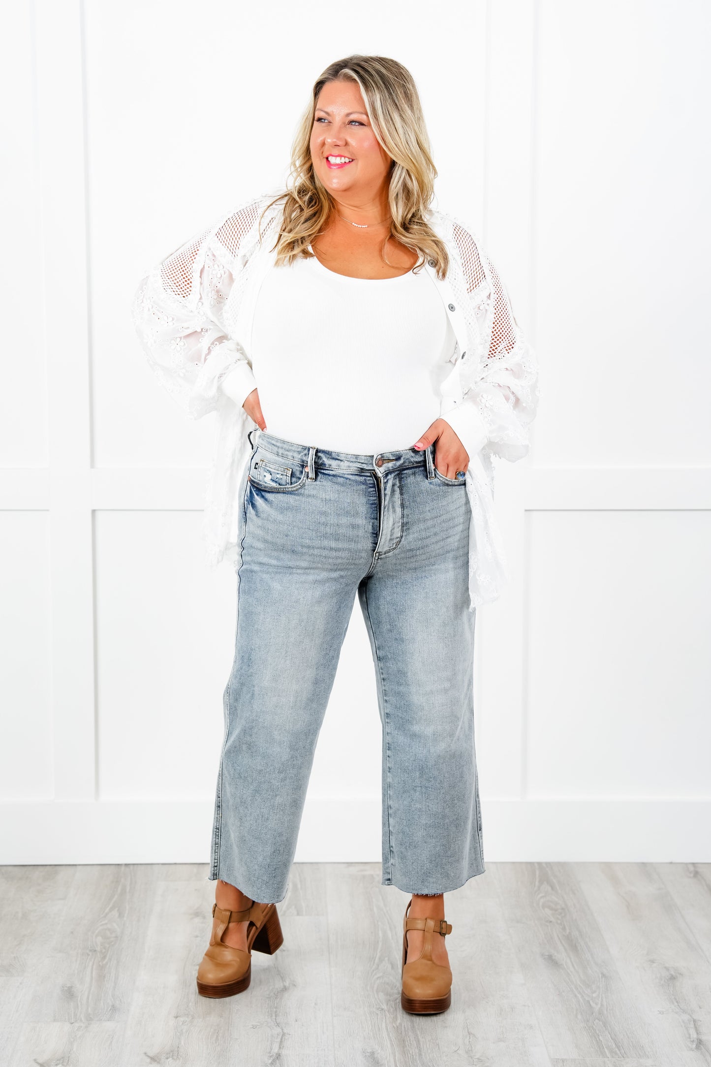 Judy Blue The Olivia Mid Rise Light Wash Tummy Control Raw Hem Cropped Wide Leg Jeans