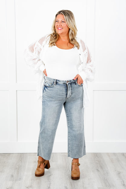 Judy Blue The Olivia Mid Rise Light Wash Tummy Control Raw Hem Cropped Wide Leg Jeans