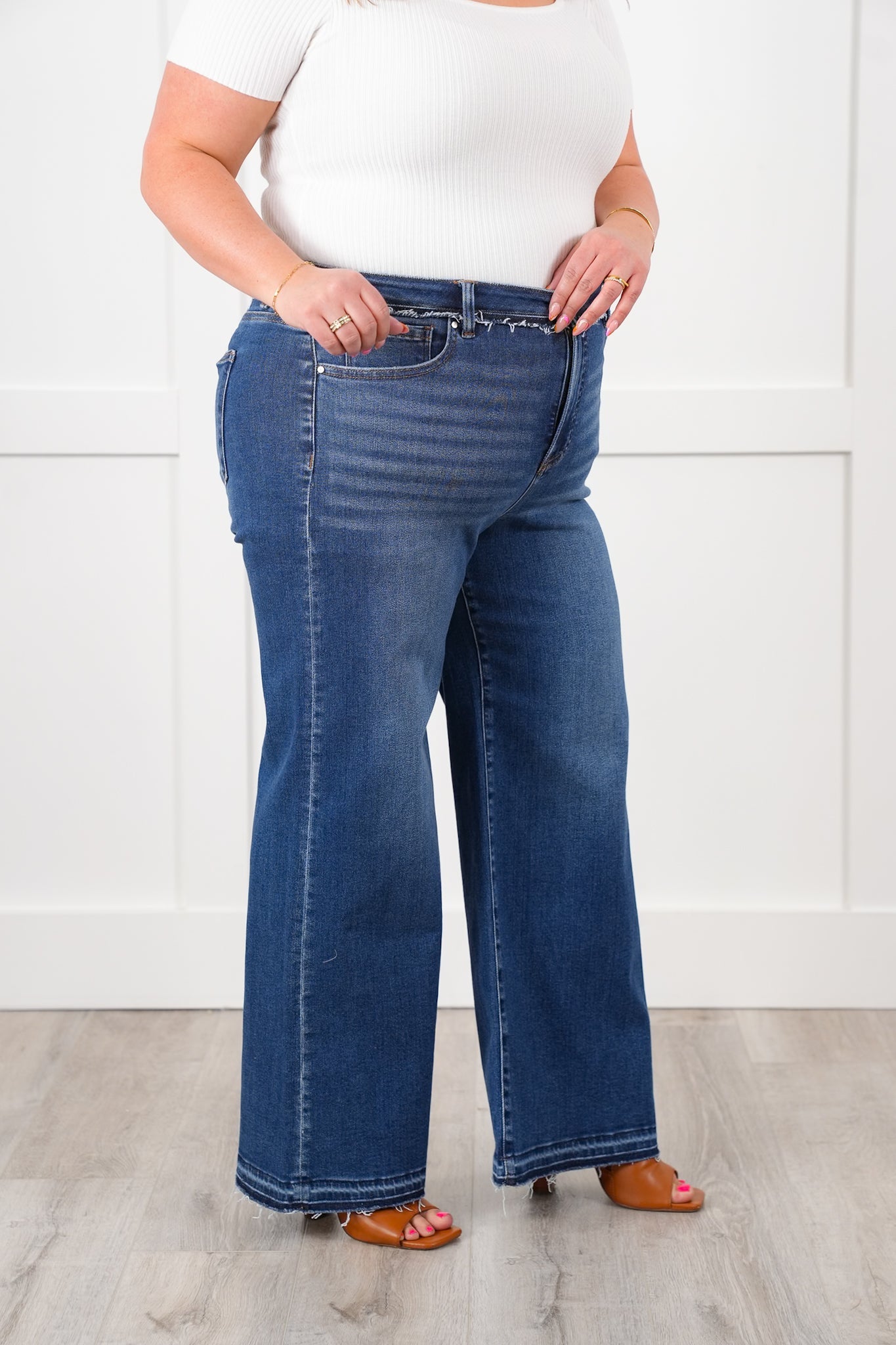 Risen High Rise Dark Wash Tummy Control Wide Leg Jeans with Released Hem