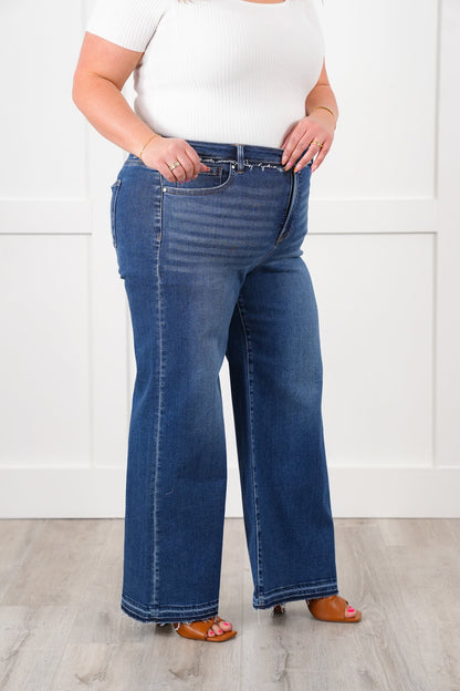 Risen High Rise Dark Wash Tummy Control Wide Leg Jeans with Released Hem