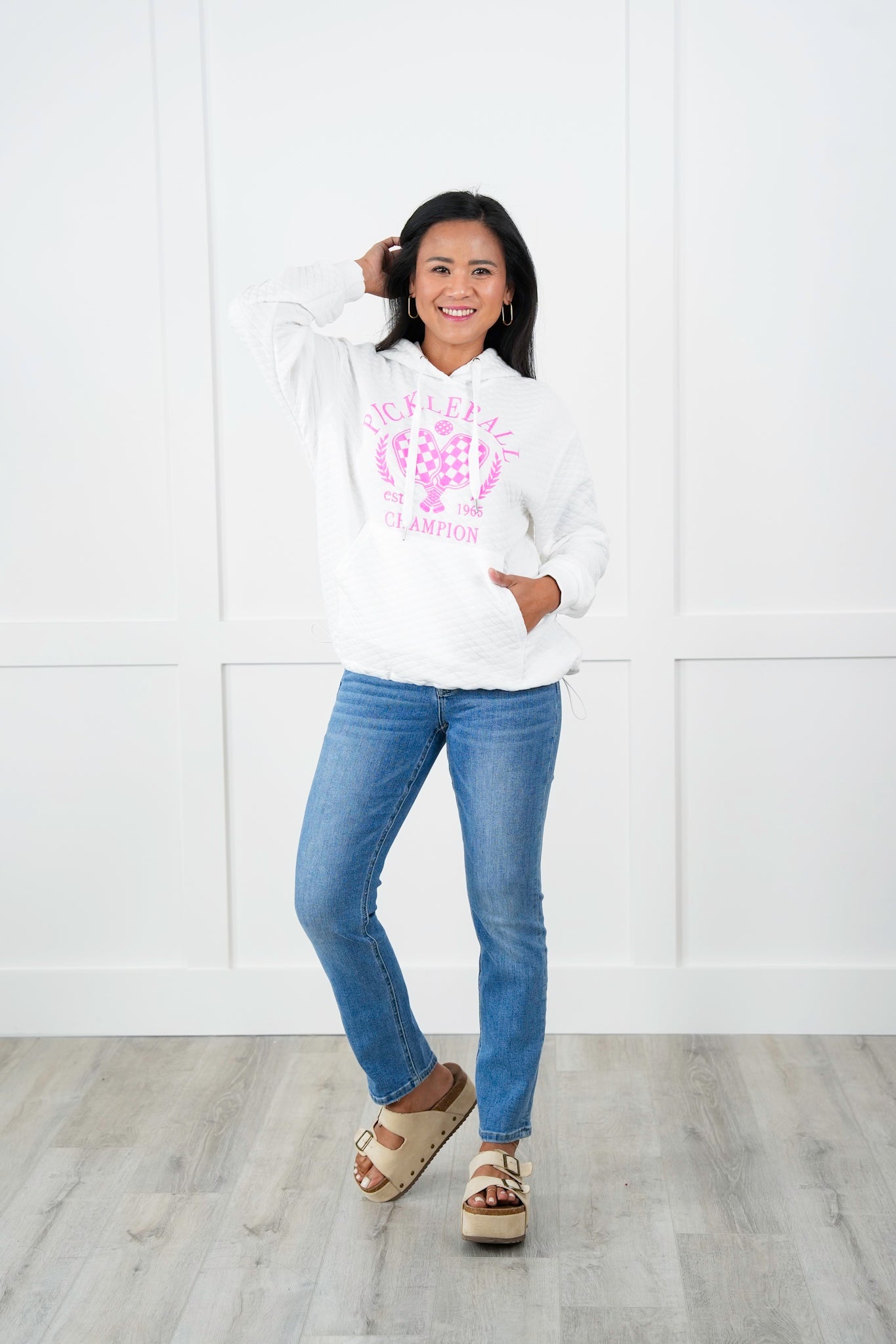 Pickle Ball Embroidered White Quilted Long Sleeve Hoodie