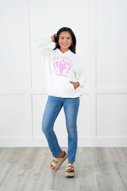 Pickle Ball Embroidered White Quilted Long Sleeve Hoodie