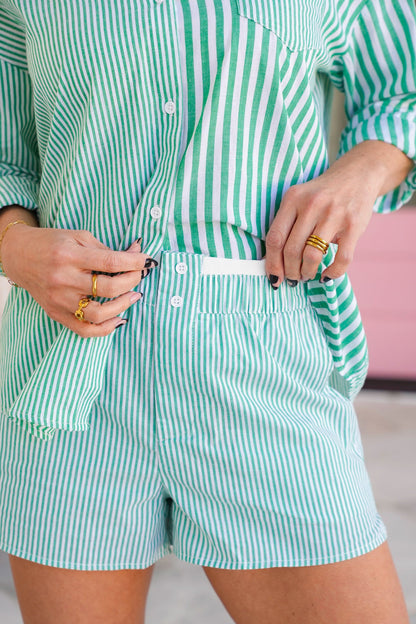 Restock! Stripe Long Sleeve Button Down Shirt and Shorts Set