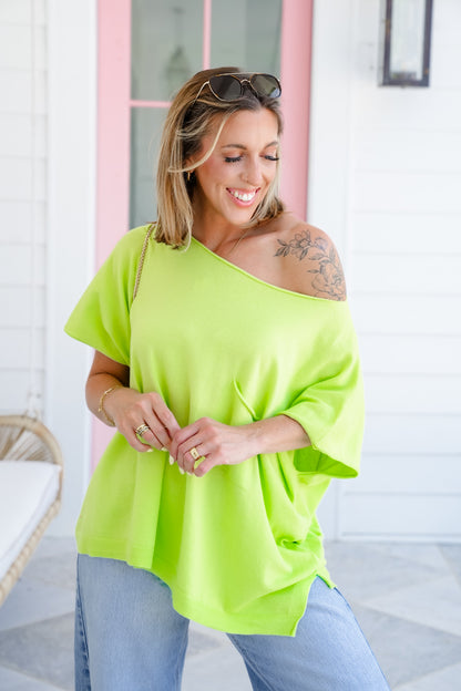 Short Sleeve Boat Neck Knit Top with Side Slit Detail