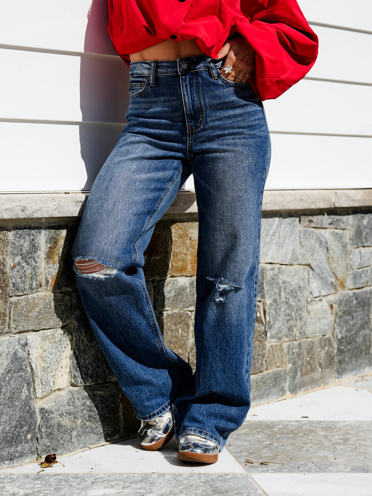 Judy Blue High Rise Medium Wash Rigid Magic Brenda Straight Leg Jeans With Bandana Loop - Freckled Poppy