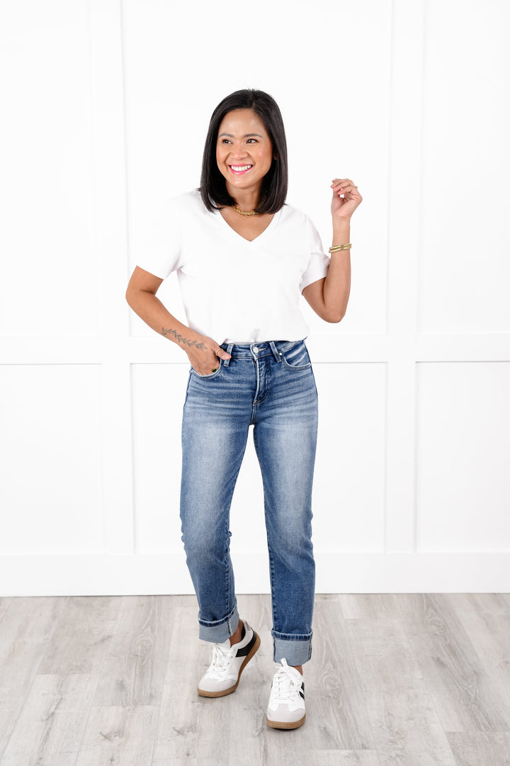 Risen High Rise Medium Wash Tummy Control Straight Leg Cuffed Jeans