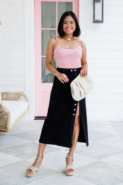 Stripe Sleeveless Shoulder Tie Bodysuit