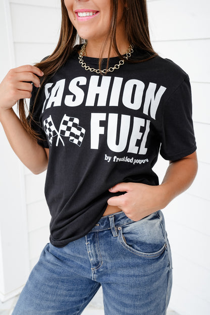 Plus/Reg Black Short Sleeve "Fashion Fuel By Freckled Poppy" Graphic Tee with Racing Flag
