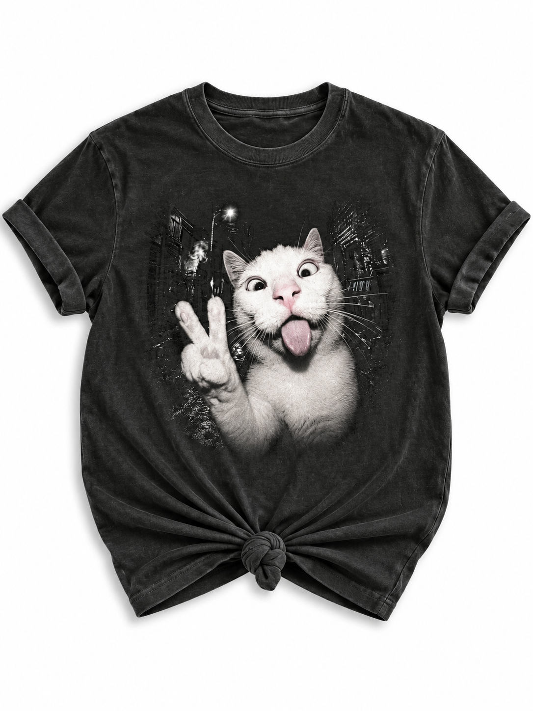 Plus/Reg Short Sleeve Playful Peace Sign Cat Graphic Tee