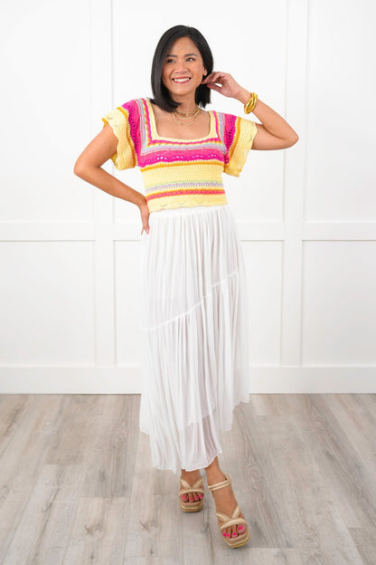 POL Multi Stripe Short Sleeve Square Neck Crop Sweater Top