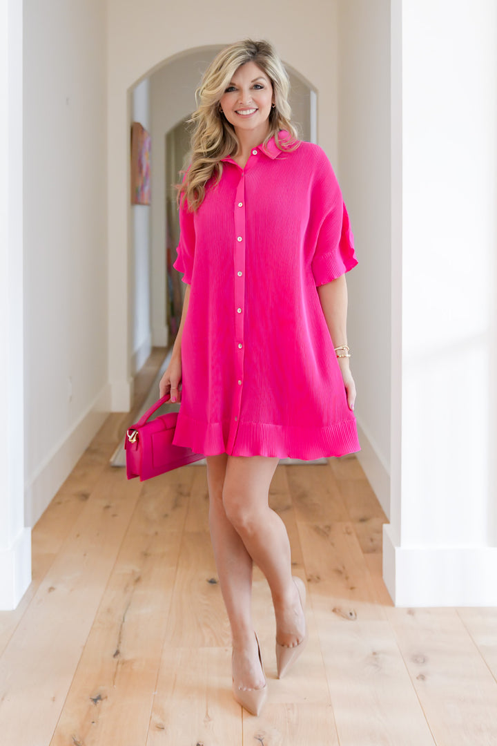 Pink Pleated Short Sleeve Button Down Mini Dress