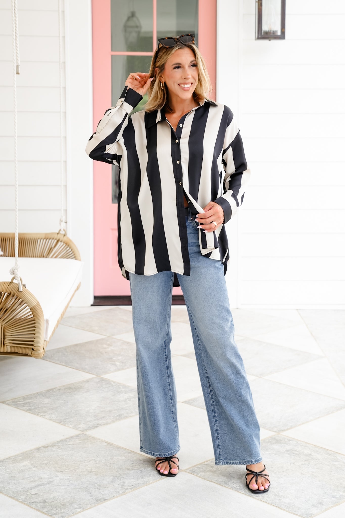 Satin Stripe Long Sleeve Button Down Blouse