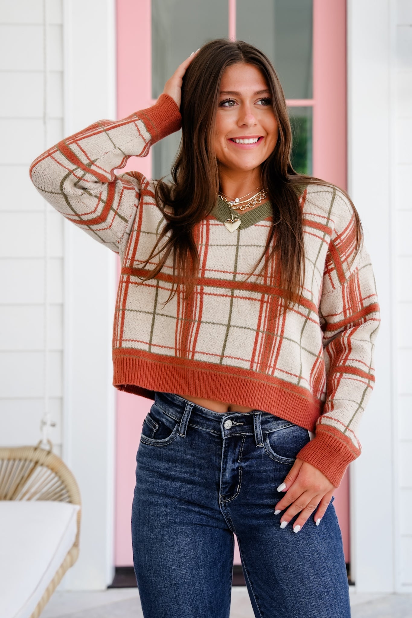 Plaid Long Sleeve V Neck Sweater