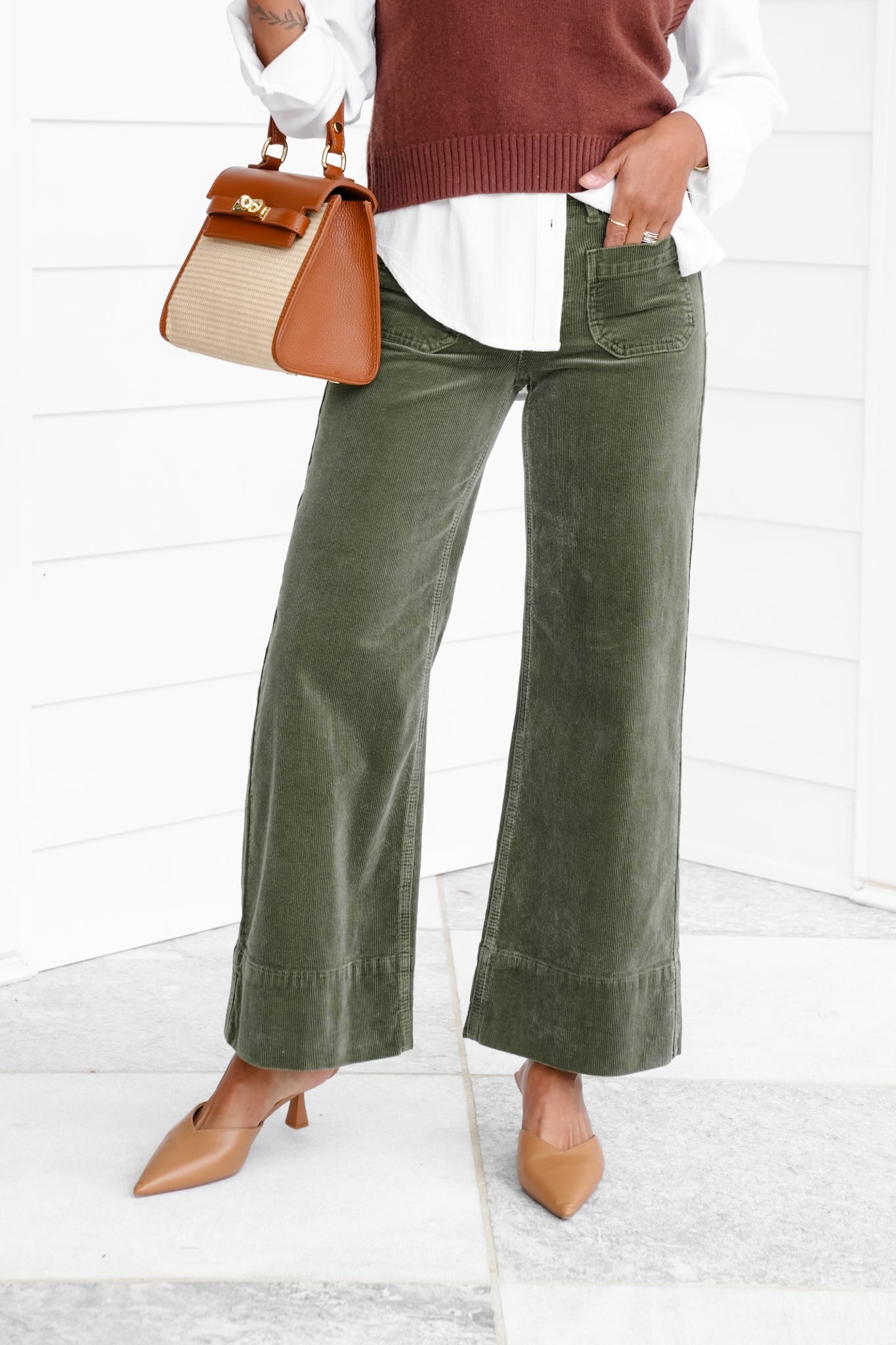 Risen High Rise Green Wide Leg Corduroy Pants with Patch Pockets